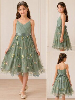 OBEEII Flower Wedding Pleated V Neck Satin Tulle Princess Dress Girl Size 8